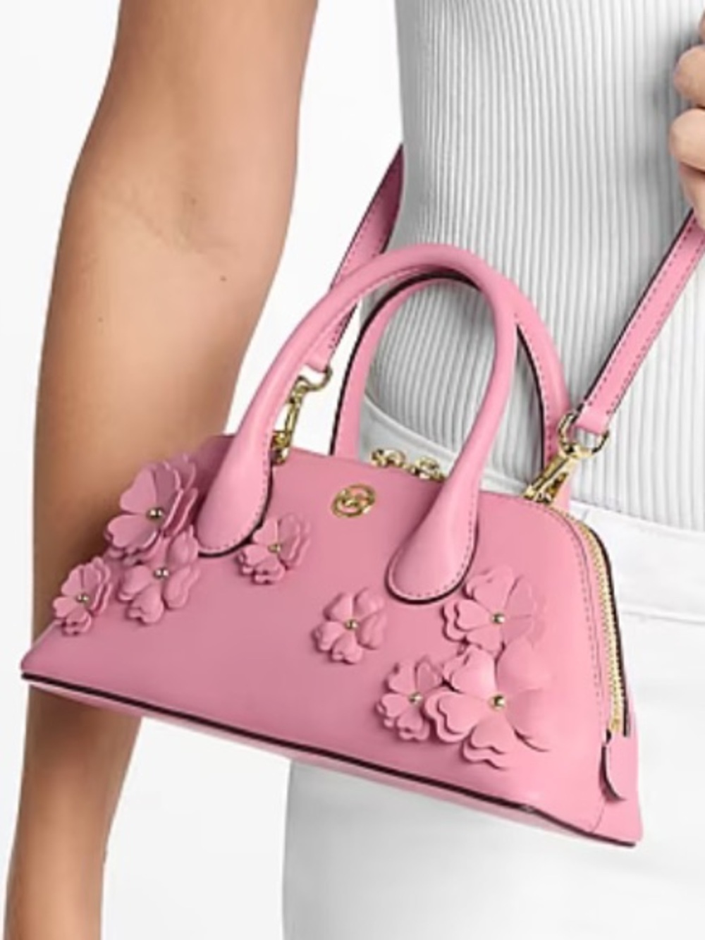 Michael Kors Pink Floral Embellished Petra Small Crossbody Satchel - Picture 2 of 8